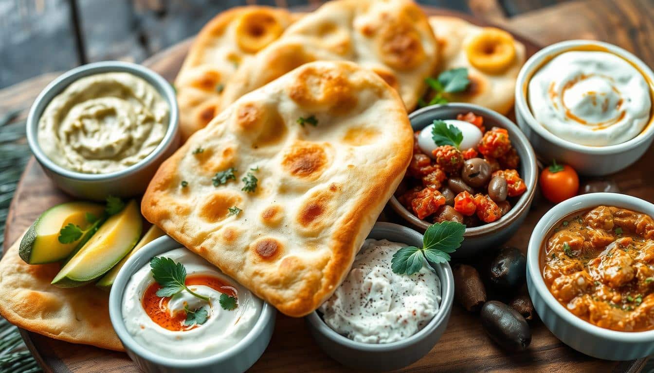keto naan bread with various dips and spreads