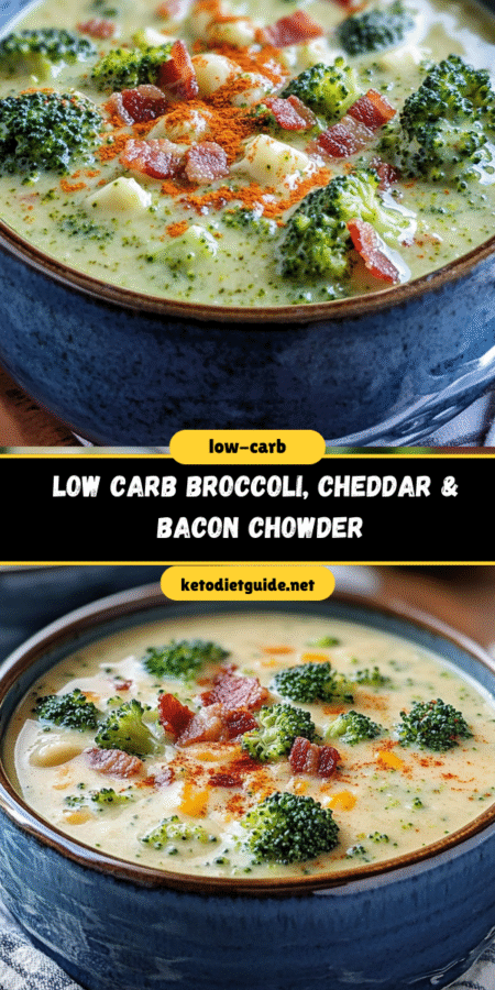 Indulge in our Low Carb Broccoli, Cheddar & Bacon Chowder! A creamy, keto-friendly delight that's quick to make and full of flavor.