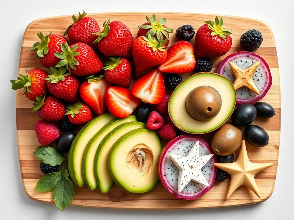 Assortment of keto-friendly fruits including berries, avocado, and olives