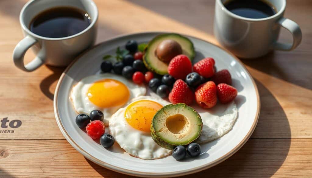 Keto breakfast with berries, avocado, and eggs