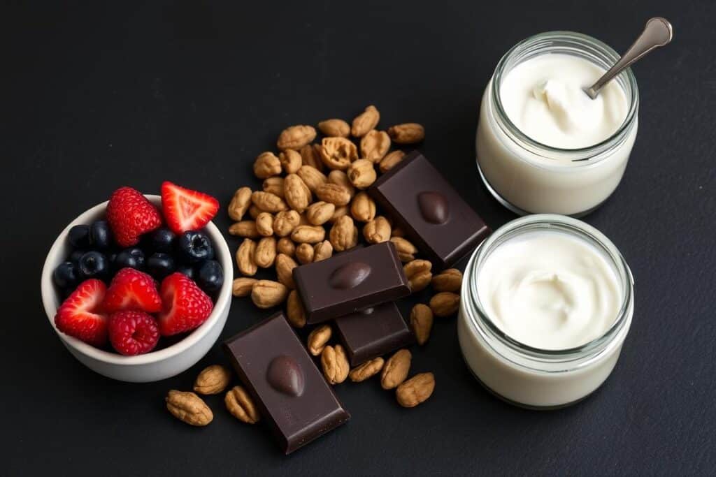 Keto-friendly fruit alternatives including berries, dark chocolate, and nuts