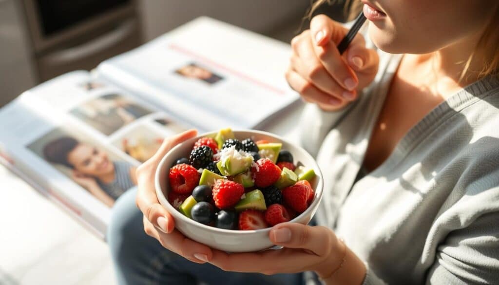 Person enjoying a keto-friendly fruit salad with berries and avocado