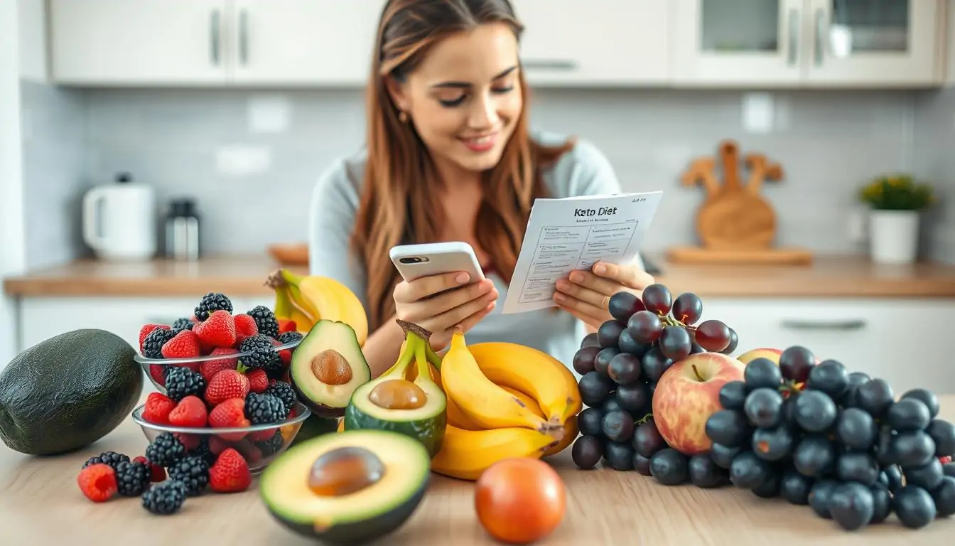 Woman choosing between high-carb and low-carb fruits on keto diet