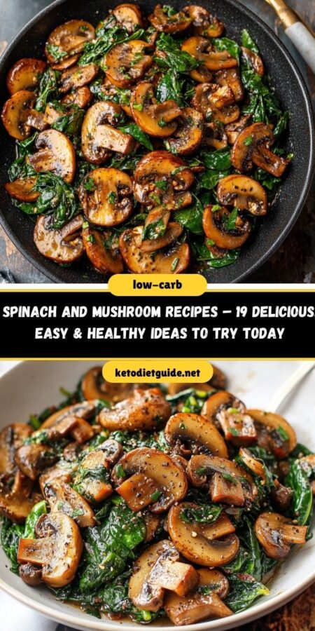 Close-up of sautéed spinach and mushrooms in garlic butter – a healthy low-carb side dish perfect for keto and vegan diets