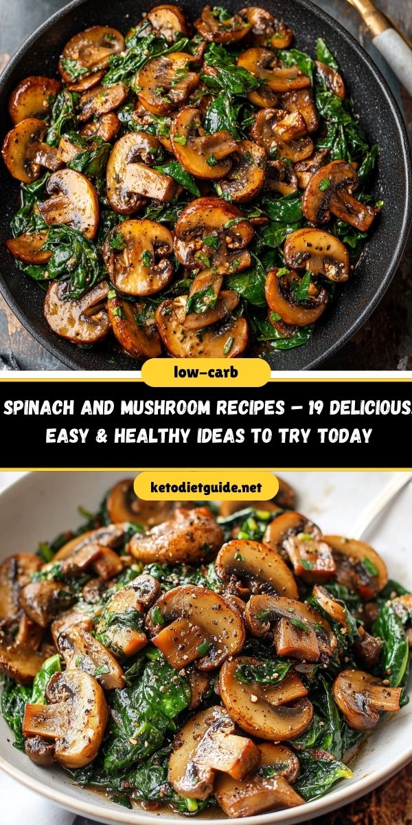 Close-up of sautéed spinach and mushrooms in garlic butter – a healthy low-carb side dish perfect for keto and vegan diets