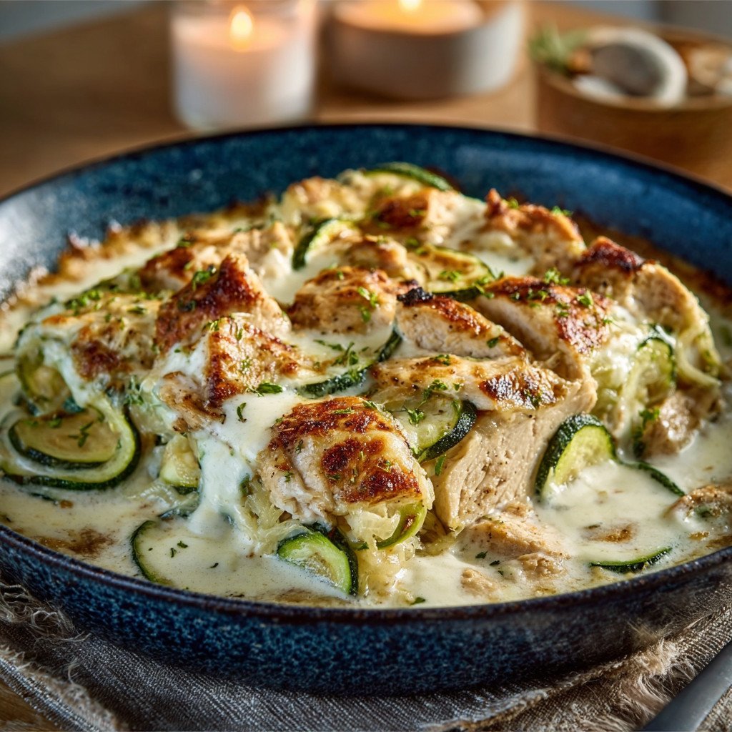 Low Carb Chicken Zucchini Alfredo Bake is Amazing!