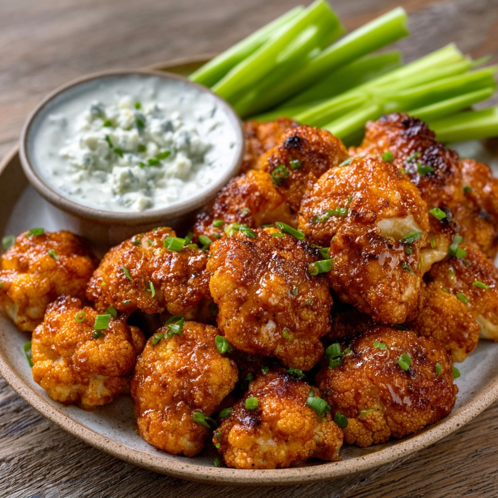 Buffalo Cauliflower Bites with Blue Cheese Dip are irresistible!