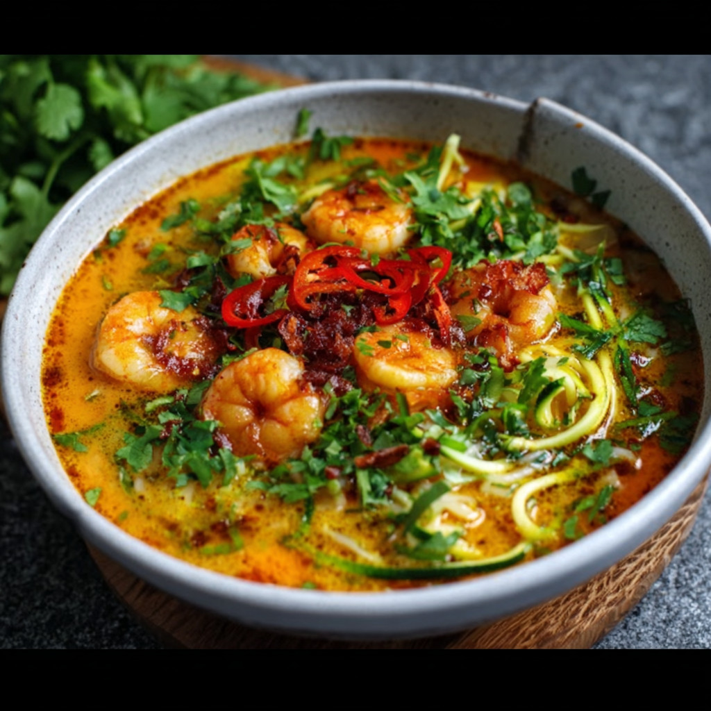 Keto Curry Laksa Prawn Soup with Zoodles is Delightful!