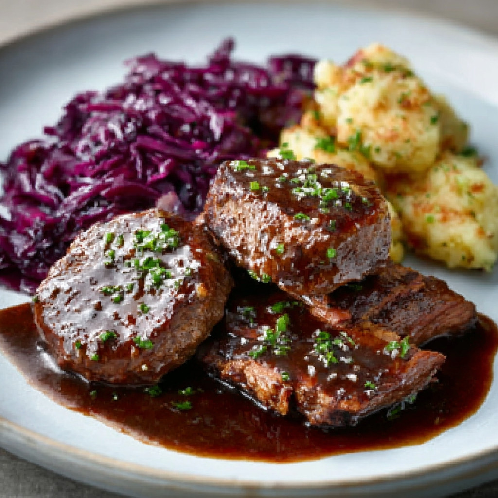Sauerbraten Meatballs with Red Cabbage