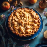 The homemade keto apple pie is elegantly presented on a striking blue ceramic plate, its vibrant hue enhancing the warm tones of the pie. The golden-brown crust, perfectly baked to a delicate crisp, contrasts beautifully with the luscious filling of tender, spiced apples that peek through the slits of the top crust. The apples, glistening with a hint of keto-friendly maple syrup, are seasoned with aromatic cinnamon, cardamom, and nutmeg, creating a rich and inviting flavor profile. The setting is cozy and inviting, with soft, warm lighting casting a gentle glow over the dish. Minimalistic tableware complements the pie's charm, allowing it to take center stage as the perfect centerpiece for a memorable dinner experience. The overall ambiance is one of warmth and comfort, making this keto apple pie not just a dessert, but a delightful highlight of the meal First Image