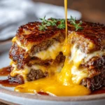 A close-up of a keto burger melt stacked with juicy ground beef patties, layered with golden, bubbly cheese. The burger has been cut open, and molten cheddar cheese is dramatically oozing out in a thick, rich stream onto the plate. The crust on the outside is caramelized and browned to perfection, while the inside reveals tender, juicy meat. The melted cheese glistens under the light, making it look gooey and irresistible. The dish sits on a white plate with a rustic wooden table background, creating a warm and indulgent vibe. First Image