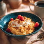 The homemade keto scrambled “noats” are beautifully presented on a deep blue ceramic bowl, which enhances the dish's vibrant colors. The mixture boasts a golden-brown hue, indicative of the perfectly cooked egg, while flecks of hemp hearts and chia seeds add a delightful contrast. A sprinkle of ground cinnamon dusts the top, inviting the senses with its warm aroma. This dish is elegantly topped with a dollop of full-fat Greek yogurt, which adds a creamy texture, and a few fresh raspberries that introduce a pop of bright red, enhancing the visual appeal. The setting is inviting, with soft, warm lighting that casts a gentle glow over the table, creating a cozy atmosphere. Minimalistic tableware complements the bowl, allowing the dish to shine as the centerpiece of a memorable breakfast experience. The overall presentation exudes a sense of comfort and sophistication, making it a perfect choice for a leisurely morning meal First Image