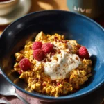 The homemade keto scrambled “noats” are beautifully presented on a deep blue ceramic bowl, which enhances the dish's vibrant colors. The mixture boasts a golden-brown hue, indicative of the perfectly cooked egg, while flecks of hemp hearts and chia seeds add a delightful contrast. A sprinkle of ground cinnamon dusts the top, inviting the senses with its warm aroma. This dish is elegantly topped with a dollop of full-fat Greek yogurt, which adds a creamy texture, and a few fresh raspberries that introduce a pop of bright red, enhancing the visual appeal. The setting is inviting, with soft, warm lighting that casts a gentle glow over the table, creating a cozy atmosphere. Minimalistic tableware complements the bowl, allowing the dish to shine as the centerpiece of a memorable breakfast experience. The overall presentation exudes a sense of comfort and sophistication, making it a perfect choice for a leisurely morning meal First Image