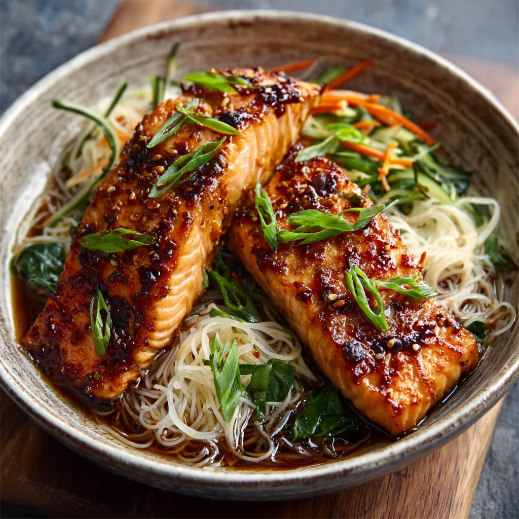 Japanese Miso-Glazed Salmon with Shirataki Noodles delights your taste buds!