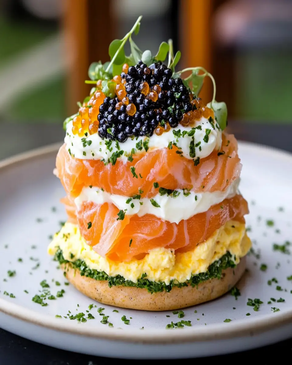Smoked Salmon Scrambled Egg Caviar Cream Cheese Stack First Image First Image